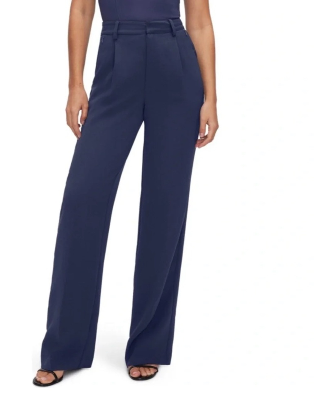 NWT Good American Luxe Suiting Column Trouser sz 10 Navy Blue Tailored Wide Leg